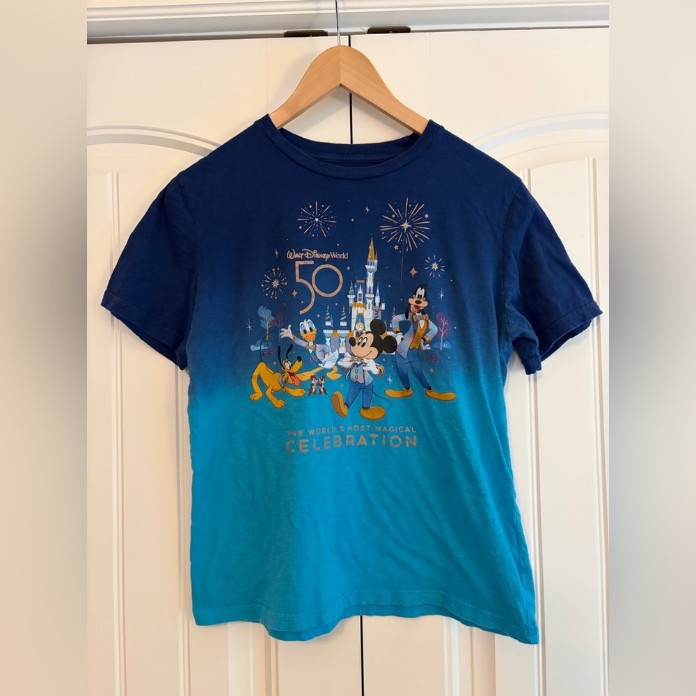 Walt Disney World 50 Year Celebration Blue Ombre Short Sleeved Kids Shirt Sz XL‎